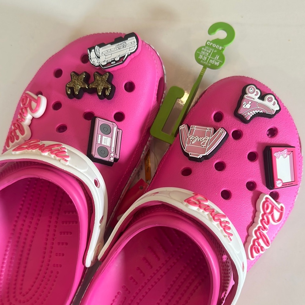 BARBIE CROCS Pink and White Slippers with Decorative Charms